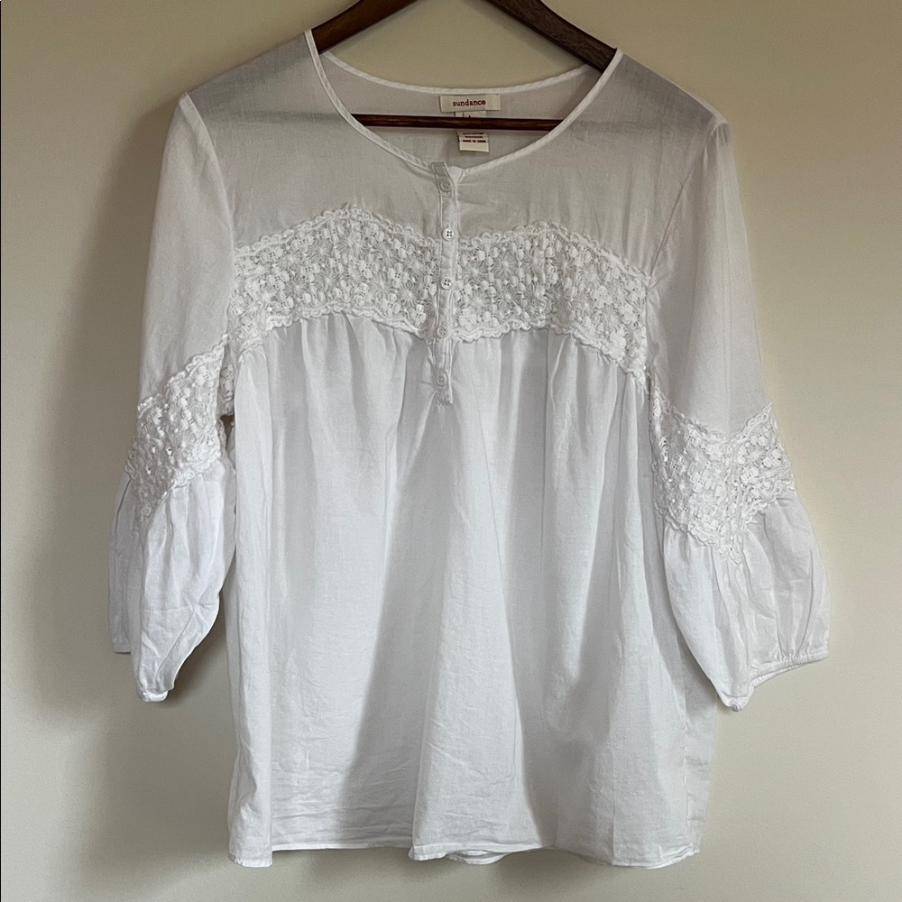 Sundance White Embroidered Peasant Tunic top size large 100% cotton